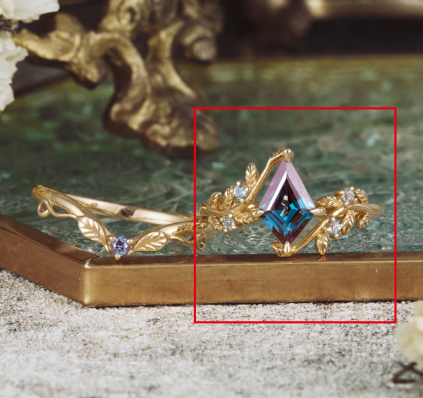 Kite-shaped lab alexandrite engagement ring with leaf-inspired gold band