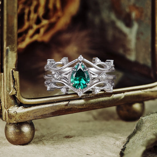 Pear Emerald Vineman Enhancer Ring Set