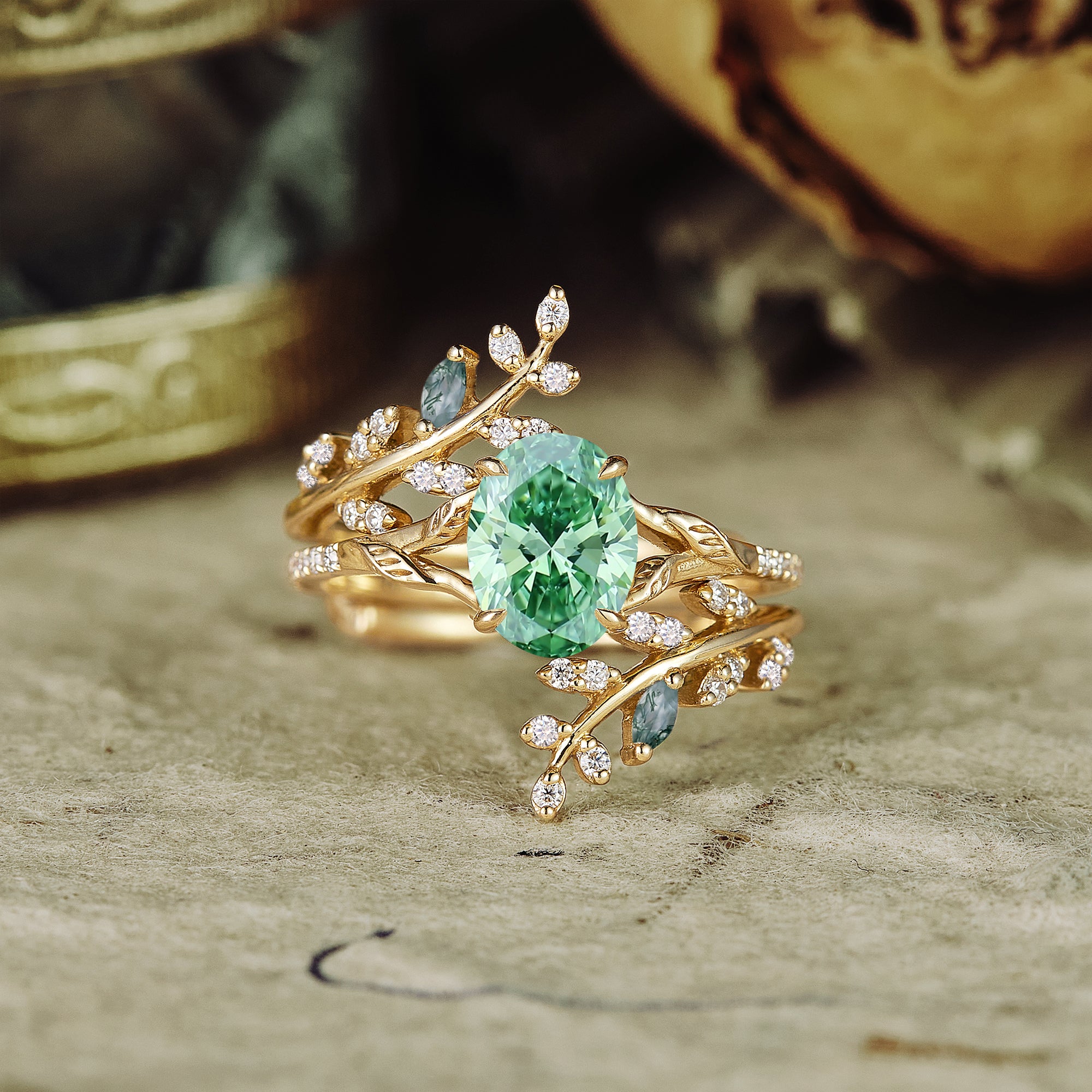 Aphrodite's Enchanted Vine | A Mythical Lab-Grown Green Diamond Engagement Ring Set