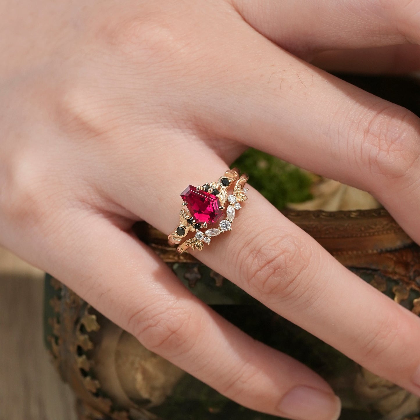 2ct Cocktail Coffin Shaped Ruby & Black Onyx Bridal Set 2pcs - Sophia - GemsMagic