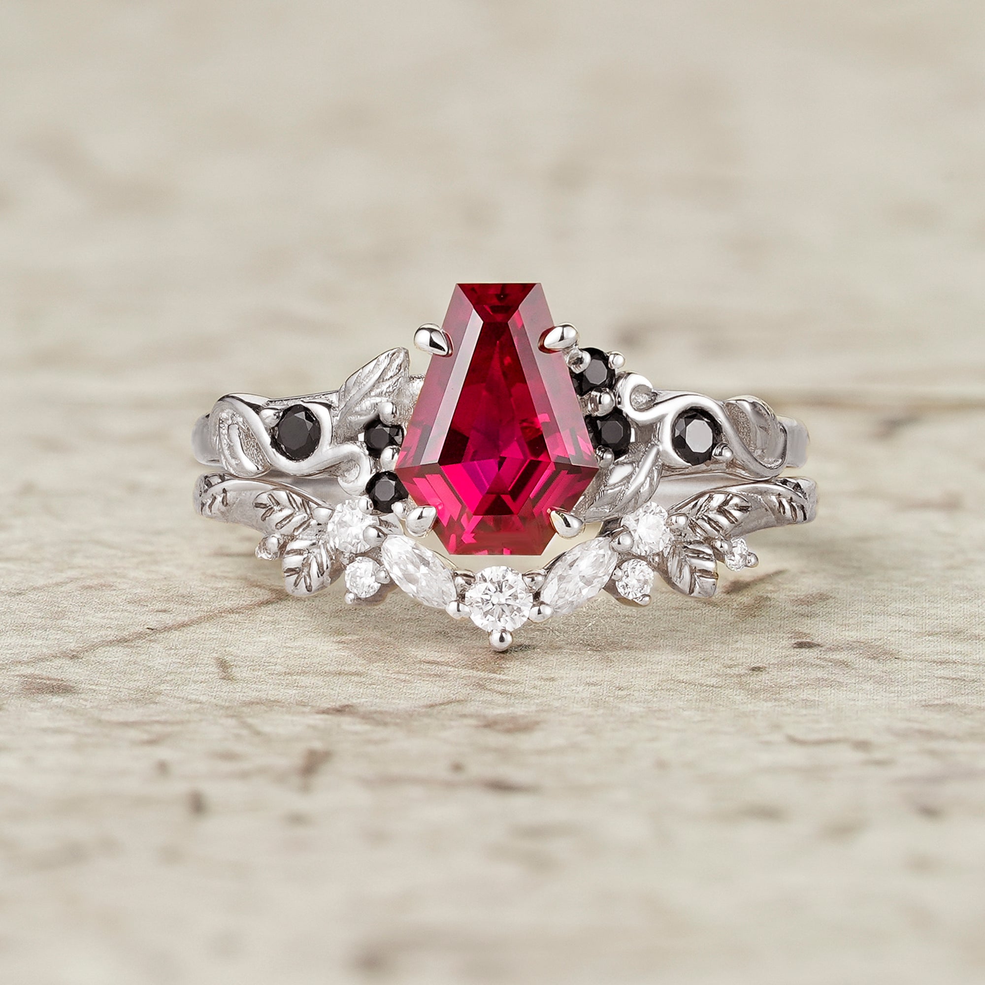 2ct Cocktail Coffin Shaped Ruby & Black Onyx Bridal Set 2pcs - Sophia - GemsMagic