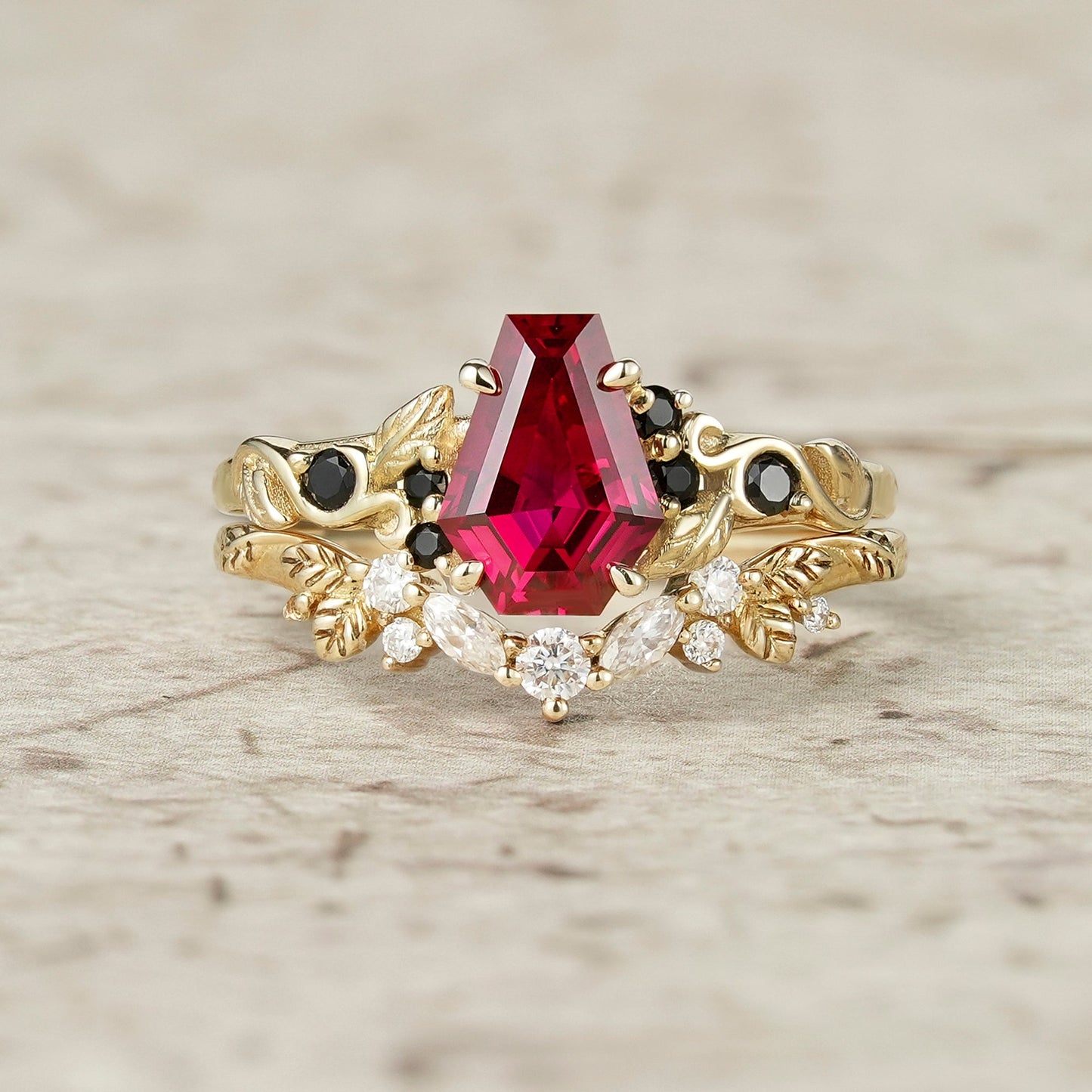 2ct Cocktail Coffin Shaped Ruby & Black Onyx Bridal Set 2pcs - Sophia - GemsMagic