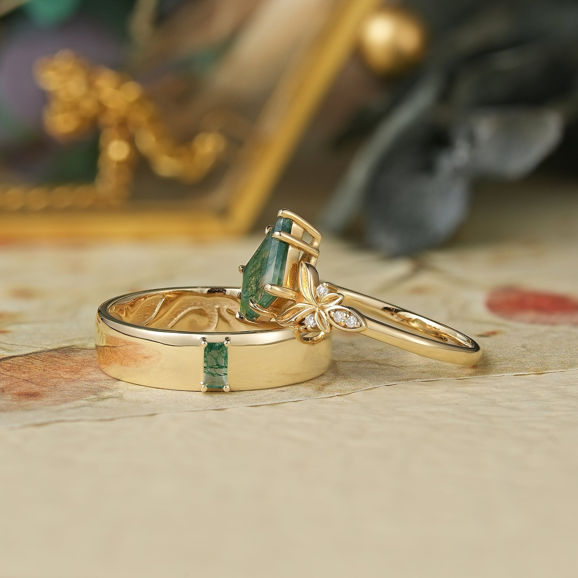 2pcs Moss Agate Couple Ring Set - Serendipity Pair - GemsMagic