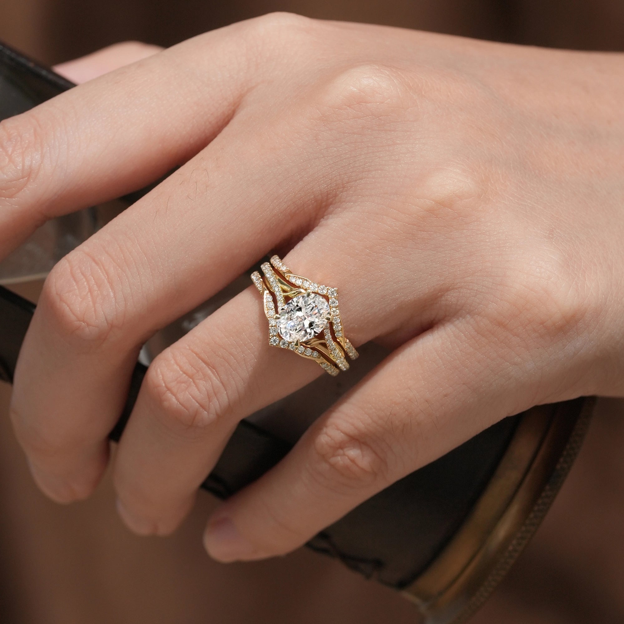 2pcs Oval - cut Lab Grown Diamond Gold Ring set - Tindra - GemsMagic