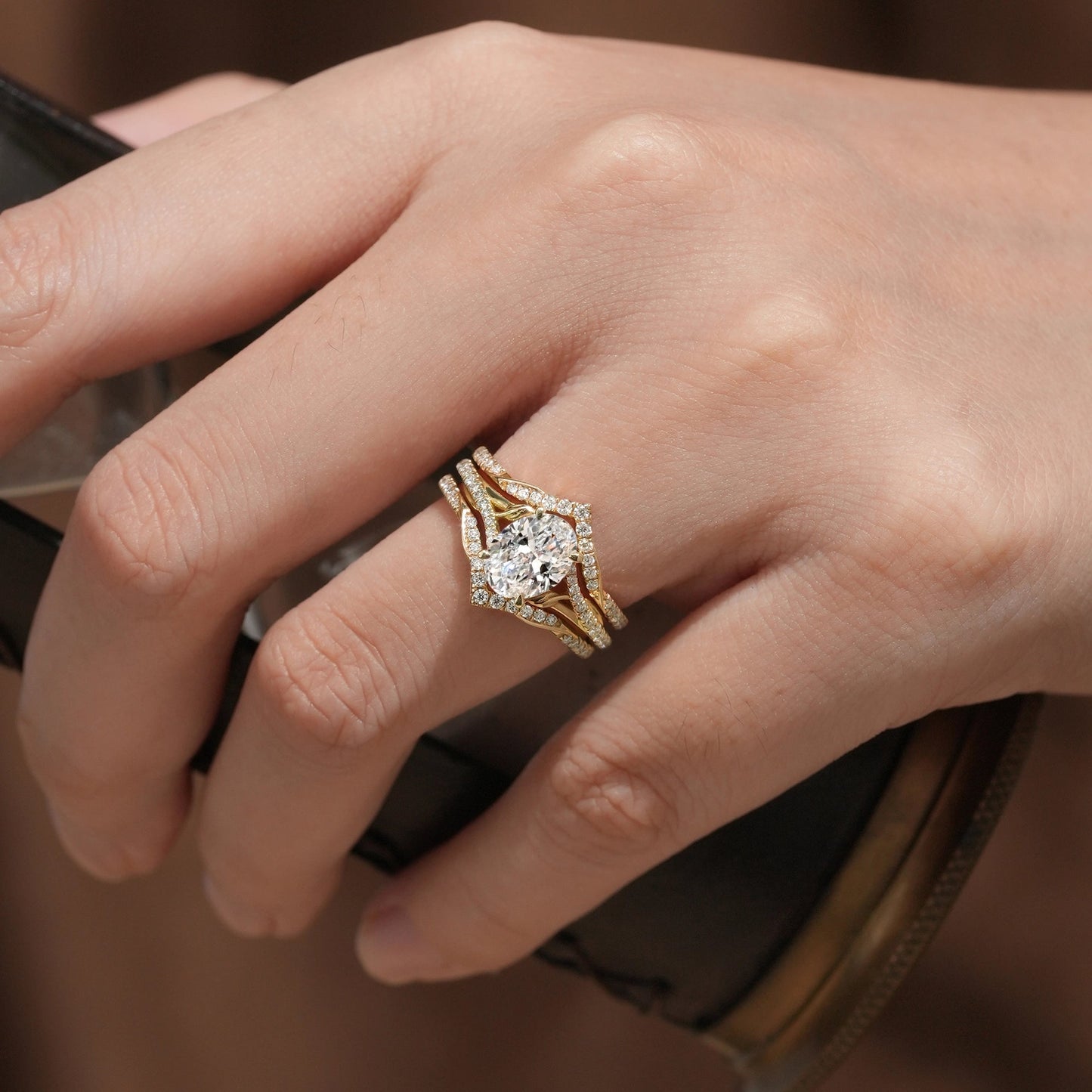 2pcs Oval - cut Lab Grown Diamond Gold Ring set - Tindra - GemsMagic