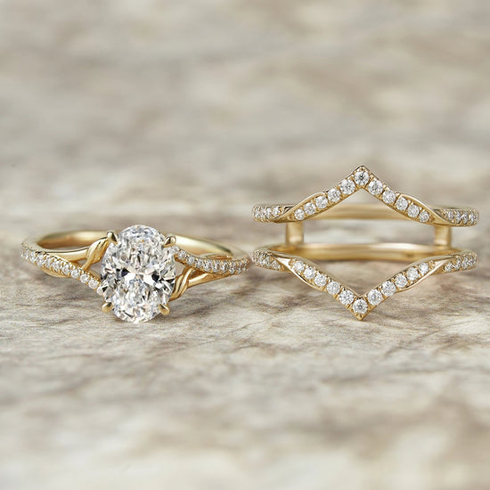 2pcs Oval - cut Lab Grown Diamond Gold Ring set - Tindra - GemsMagic