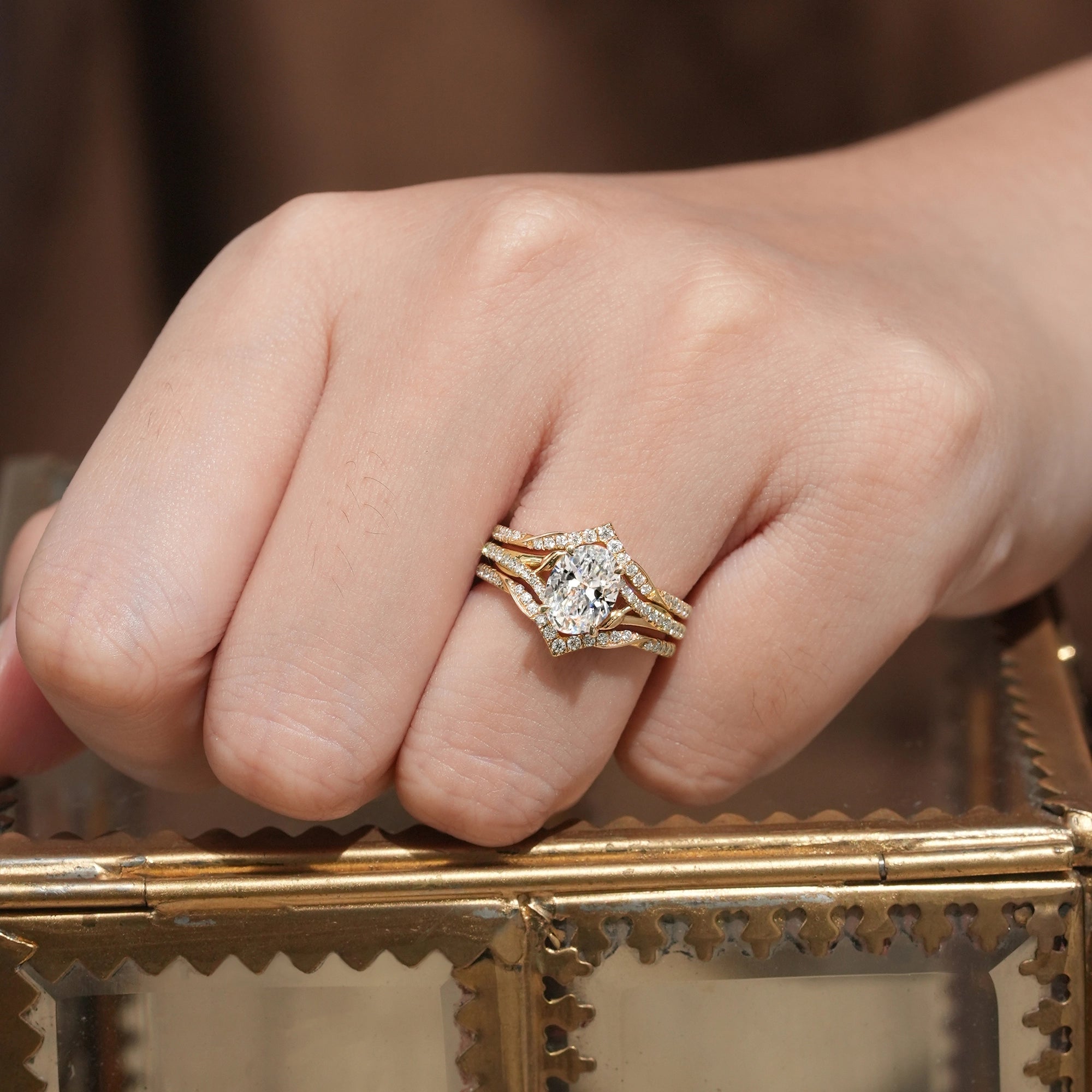 2pcs Oval - cut Lab Grown Diamond Gold Ring set - Tindra - GemsMagic