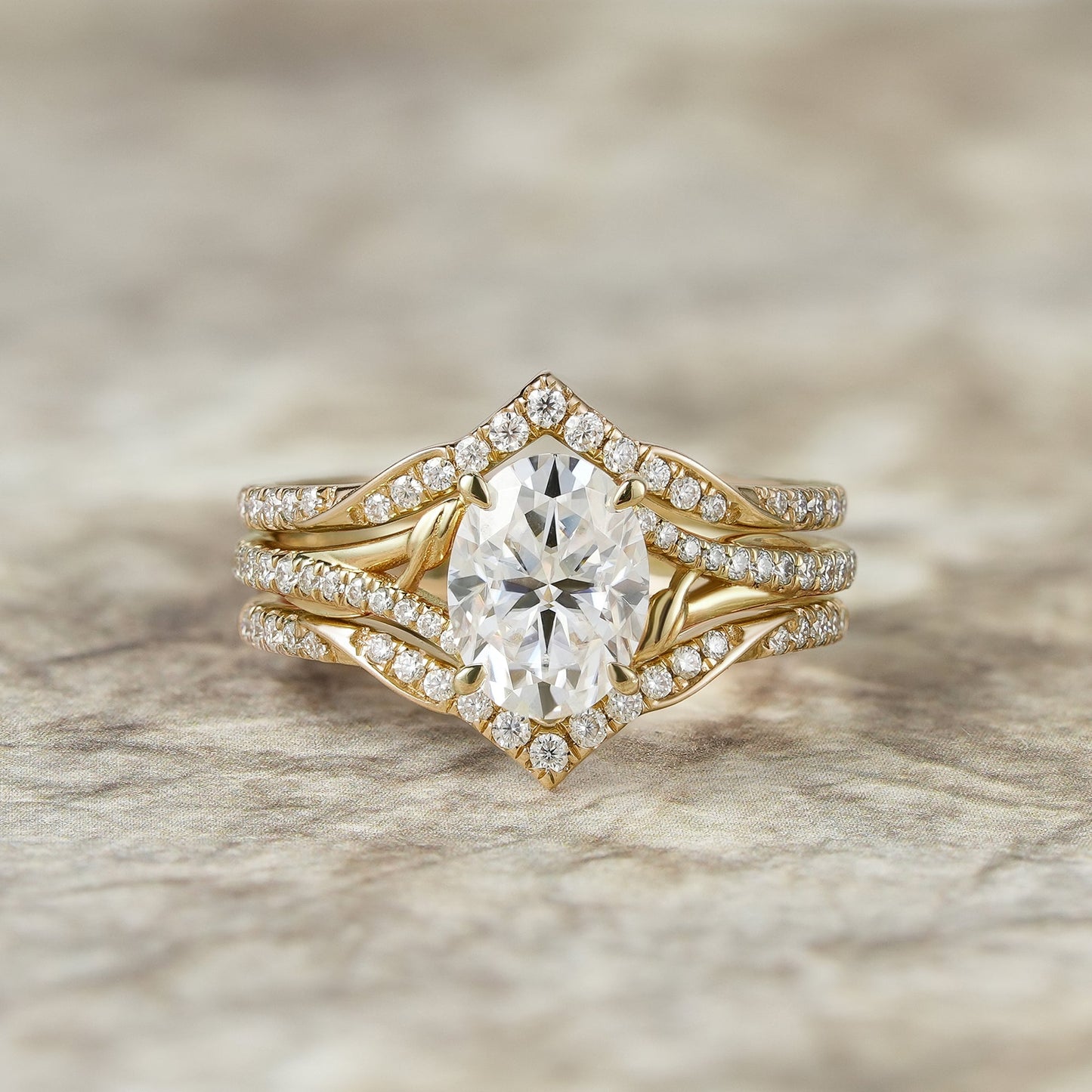 2pcs Oval - cut Moissanite Gold Ring set - Tindra - GemsMagic