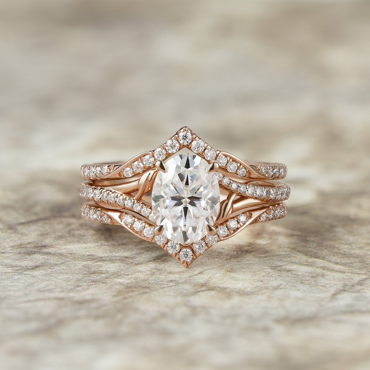 2pcs Oval - cut Moissanite Gold Ring set - Tindra - GemsMagic