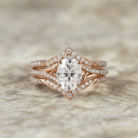 2pcs Oval - cut Moissanite Gold Ring set - Tindra - GemsMagic
