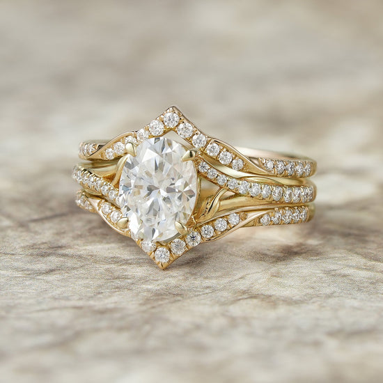 2pcs Oval - cut Moissanite Gold Ring set - Tindra - GemsMagic