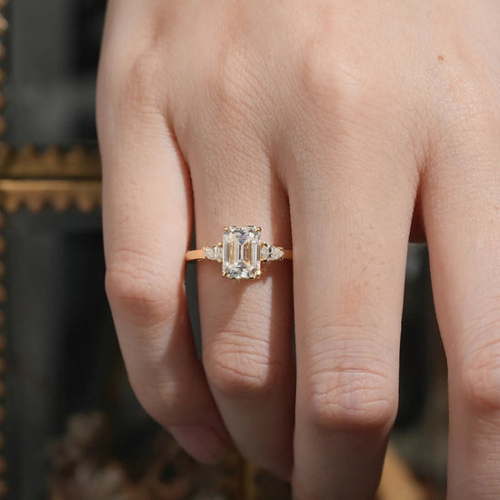 3 - stone Moissanite Engagement Ring - Saskia - GemsMagic