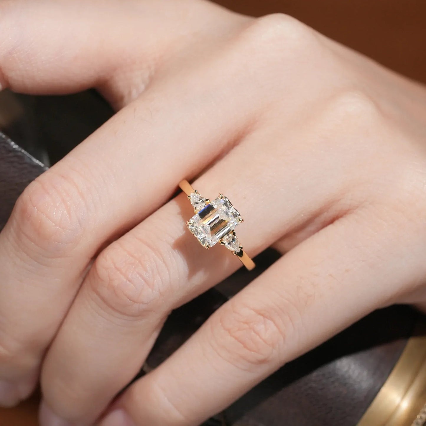 3 - stone Moissanite Engagement Ring - Saskia - GemsMagic