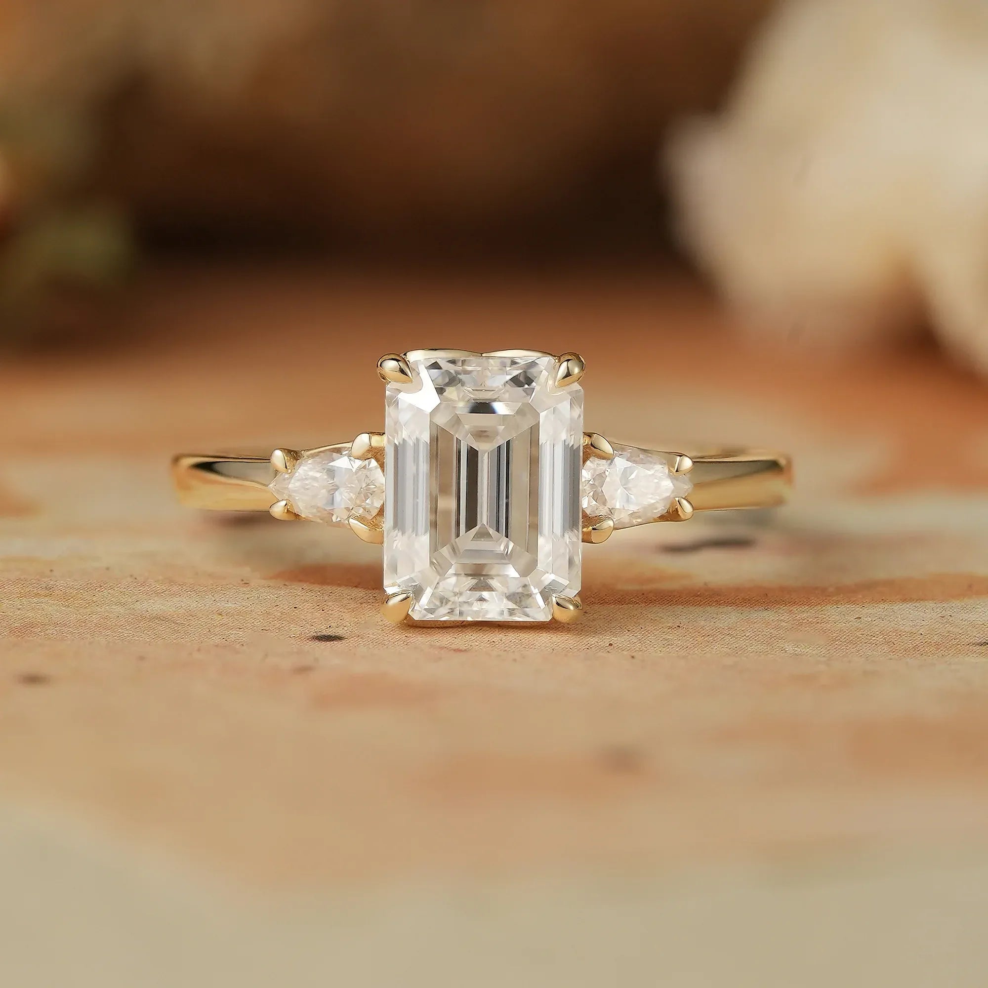 3 - stone Moissanite Engagement Ring - Saskia - GemsMagic