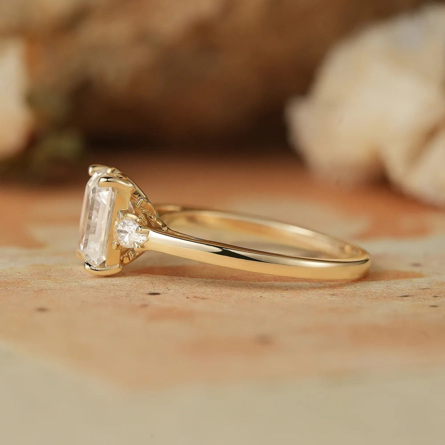 3 - stone Moissanite Engagement Ring - Saskia - GemsMagic