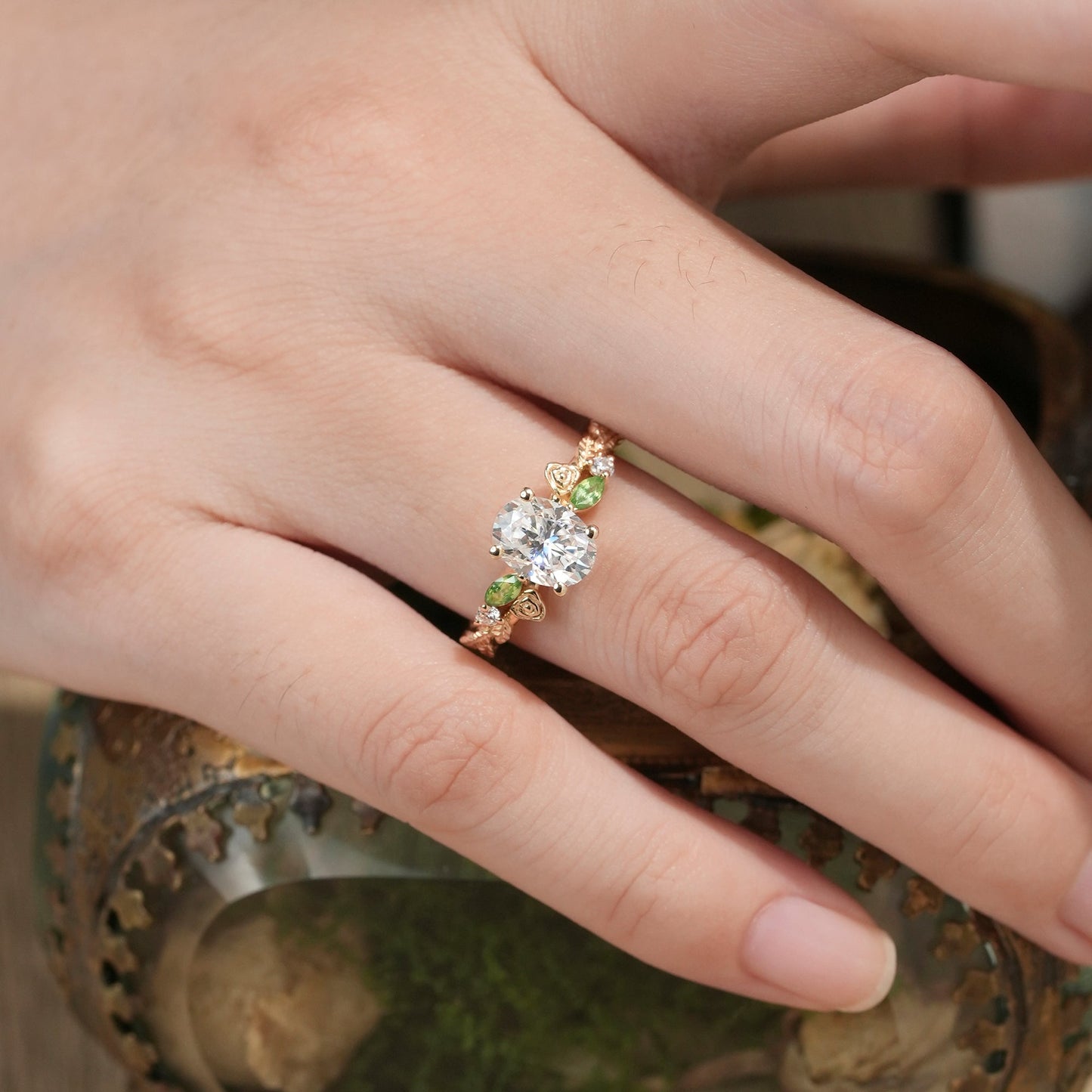 3 - stone Moissanite & Peridot Rose Engagement Ring - Althea - GemsMagic