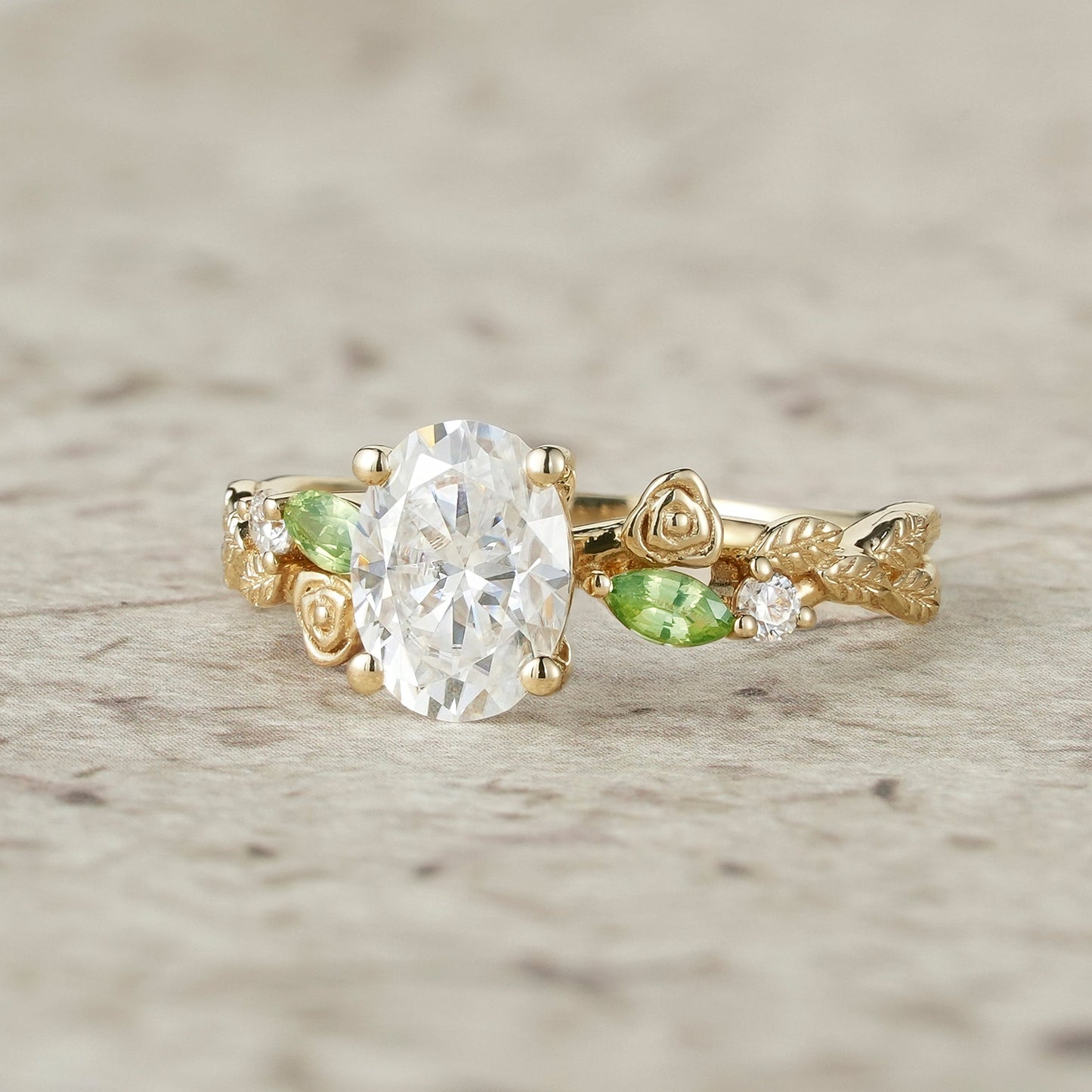 3 - stone Moissanite & Peridot Rose Engagement Ring - Althea - GemsMagic