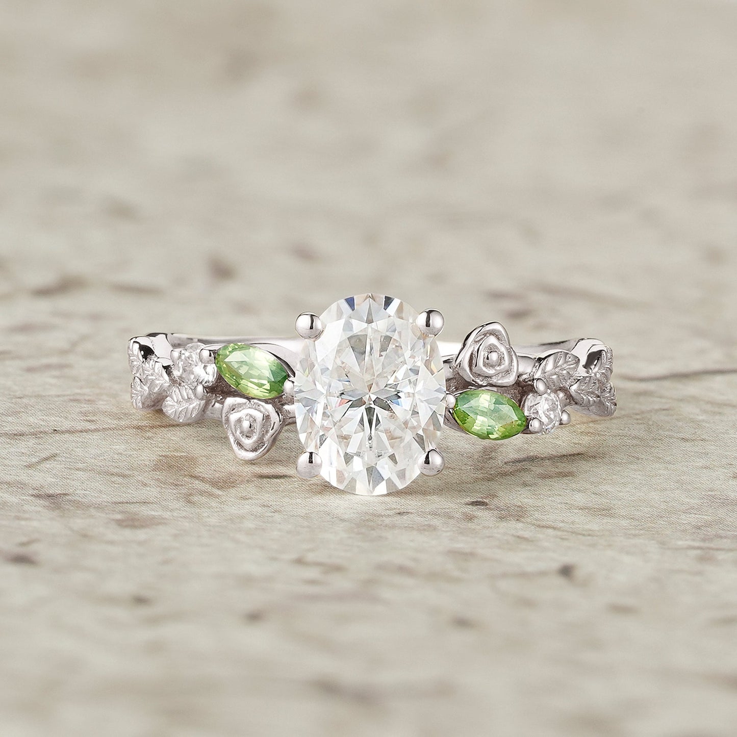 3 - stone Moissanite & Peridot Rose Engagement Ring - Althea - GemsMagic