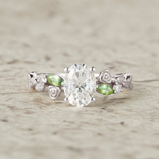 3 - stone Moissanite & Peridot Rose Engagement Ring - Althea - GemsMagic