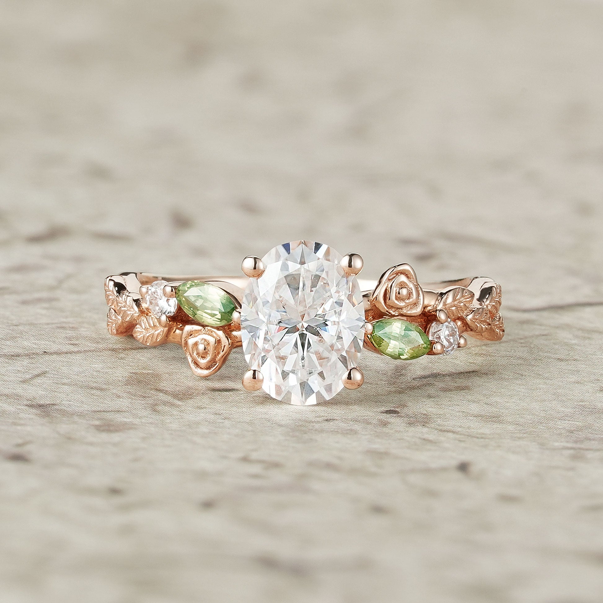 3 - stone Moissanite & Peridot Rose Engagement Ring - Althea - GemsMagic
