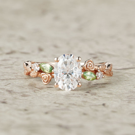 3 - stone Moissanite & Peridot Rose Engagement Ring - Althea - GemsMagic