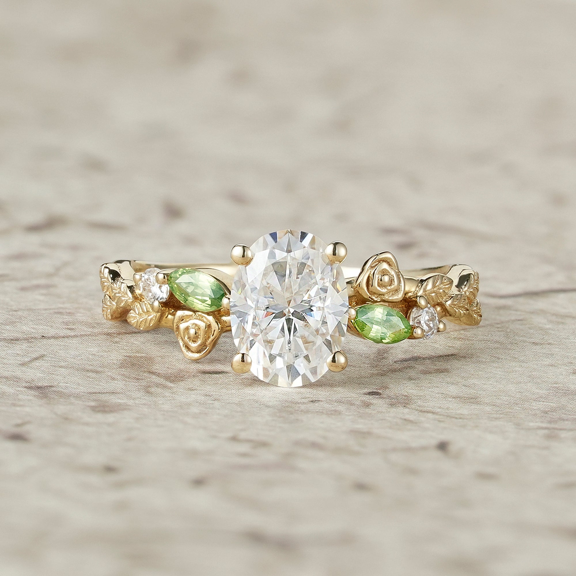 3 - stone Moissanite & Peridot Rose Engagement Ring - Althea - GemsMagic