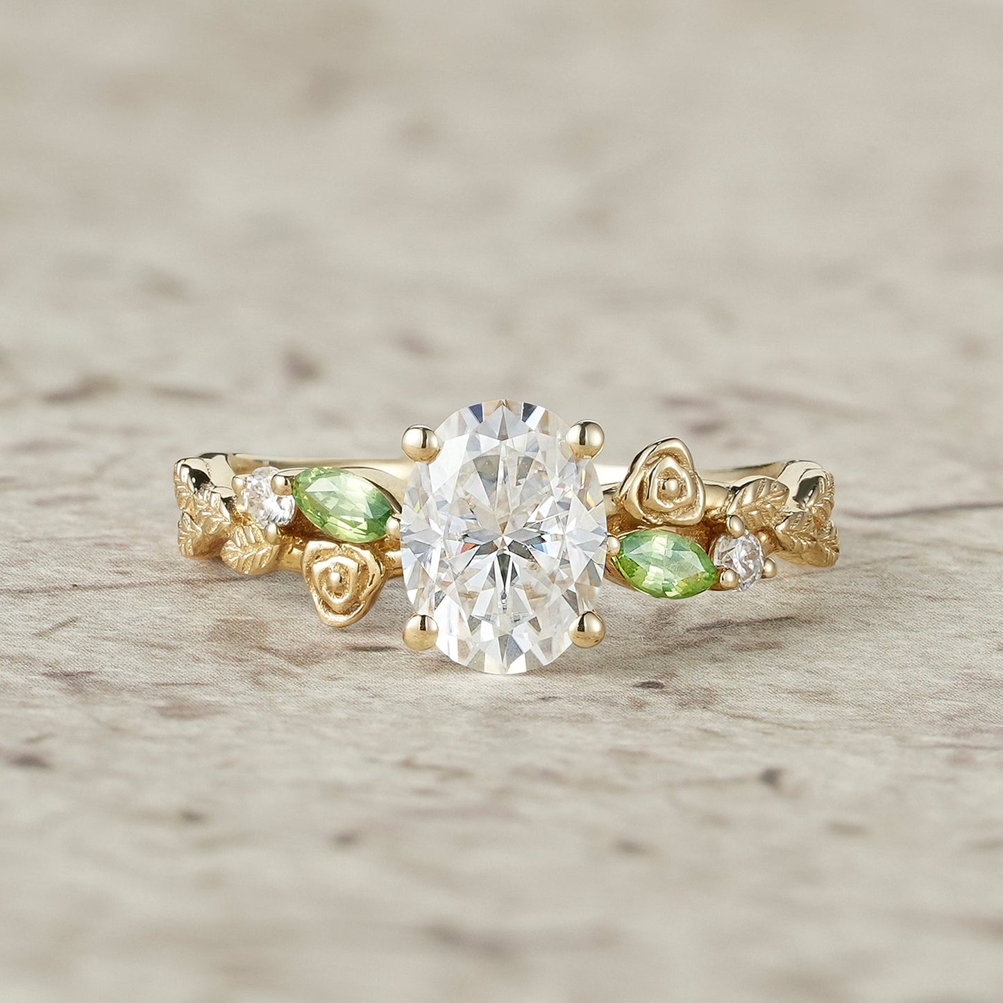 3 - stone Moissanite & Peridot Rose Engagement Ring - Althea - GemsMagic