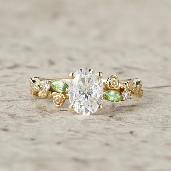 3 - stone Moissanite & Peridot Rose Engagement Ring - Althea - GemsMagic