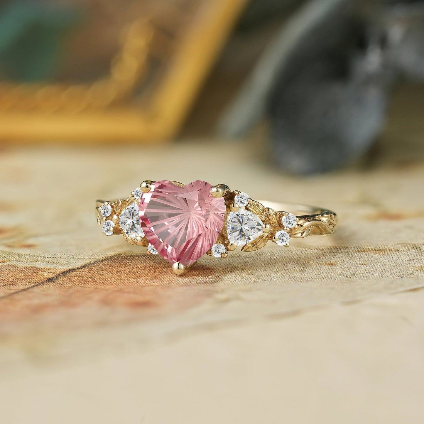 3 - Stone Sparkle Cut Padparadscha Engagement Ring - Harper - GemsMagic