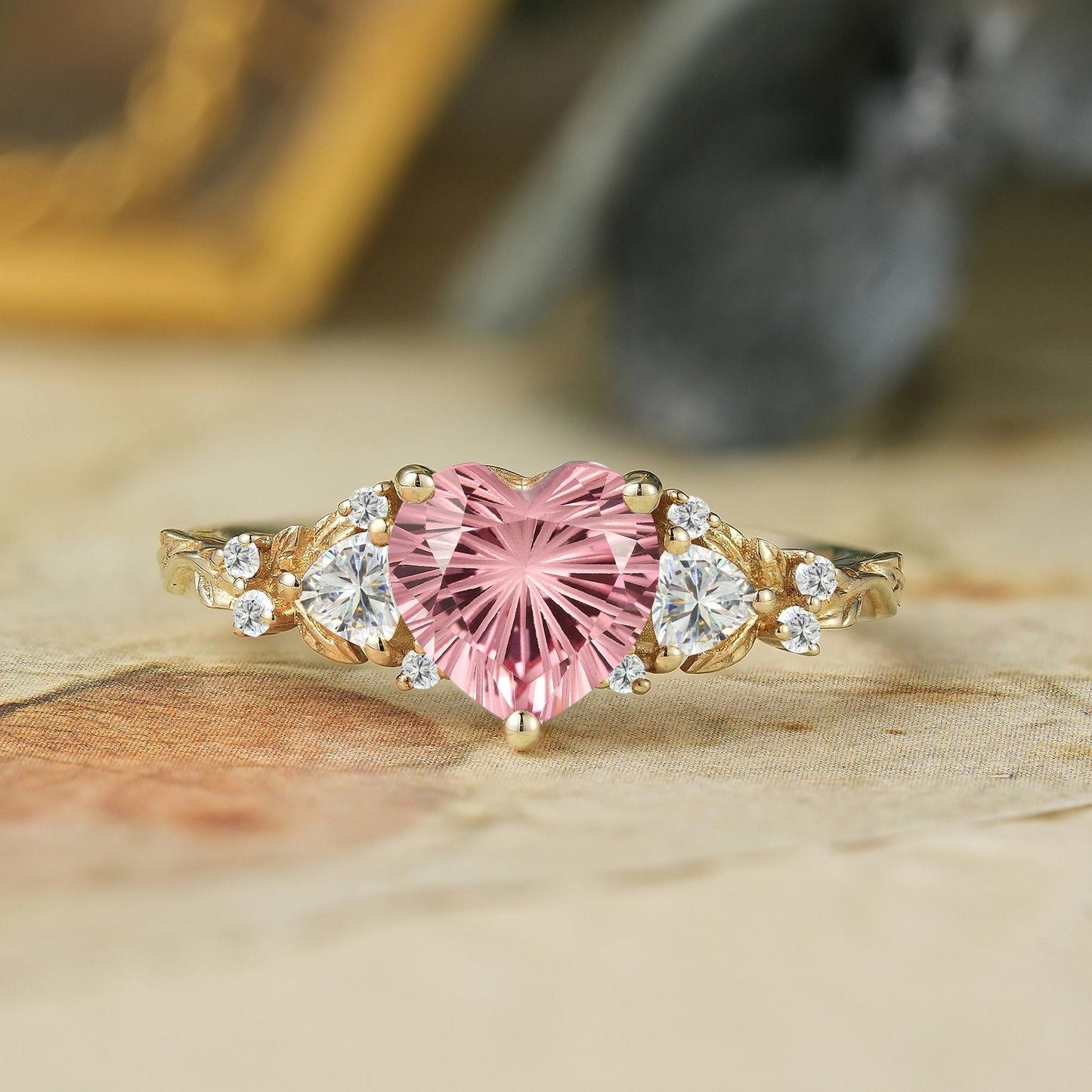 3 - Stone Sparkle Cut Padparadscha Engagement Ring - Harper - GemsMagic