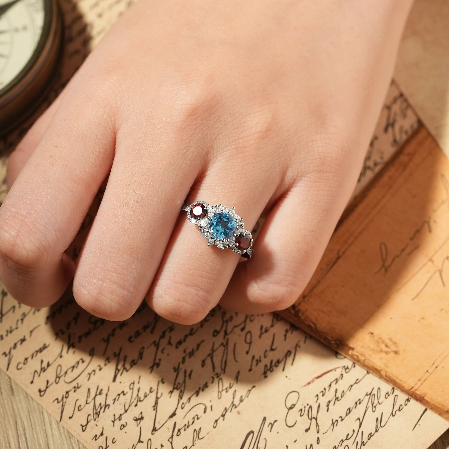 3 - Stones Blue Topaz White Gold Halo Engagement Ring - Coraline - GemsMagic
