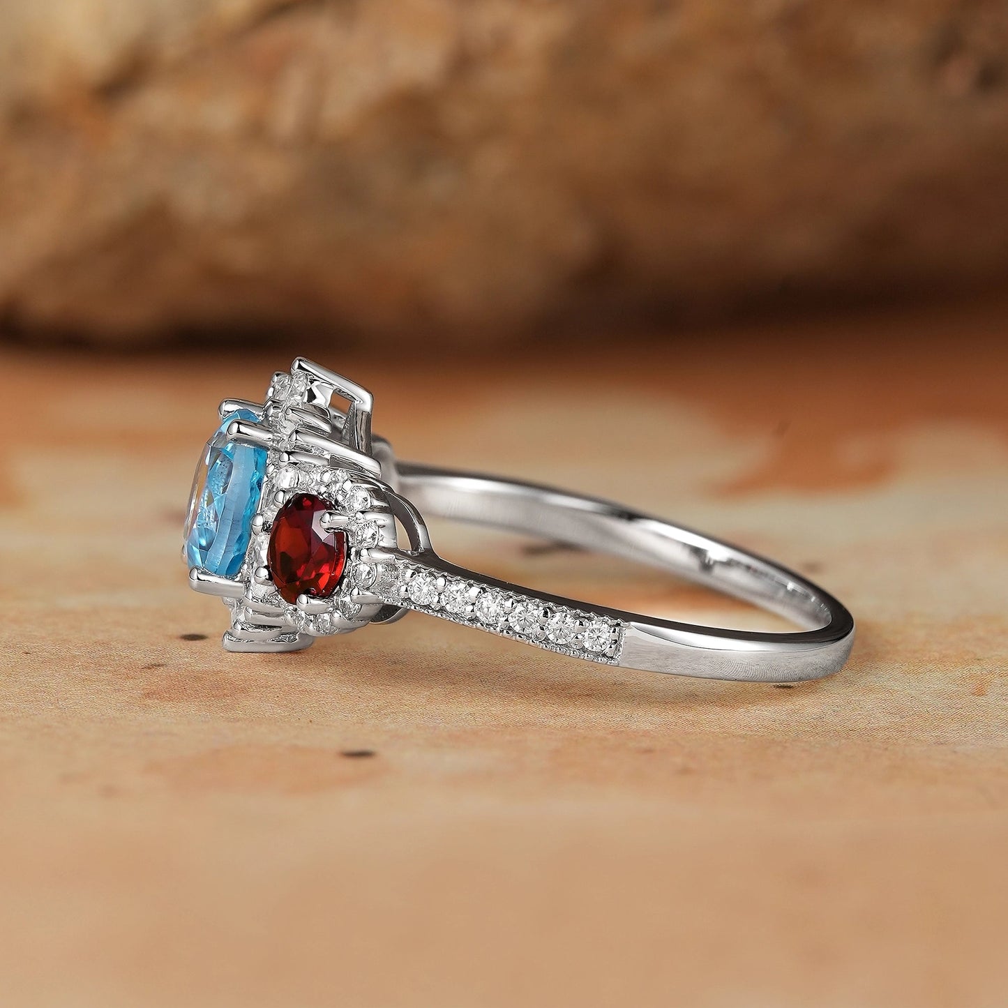 3 - Stones Blue Topaz White Gold Halo Engagement Ring - Coraline - GemsMagic
