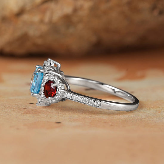 3 - Stones Blue Topaz White Gold Halo Engagement Ring - Coraline - GemsMagic