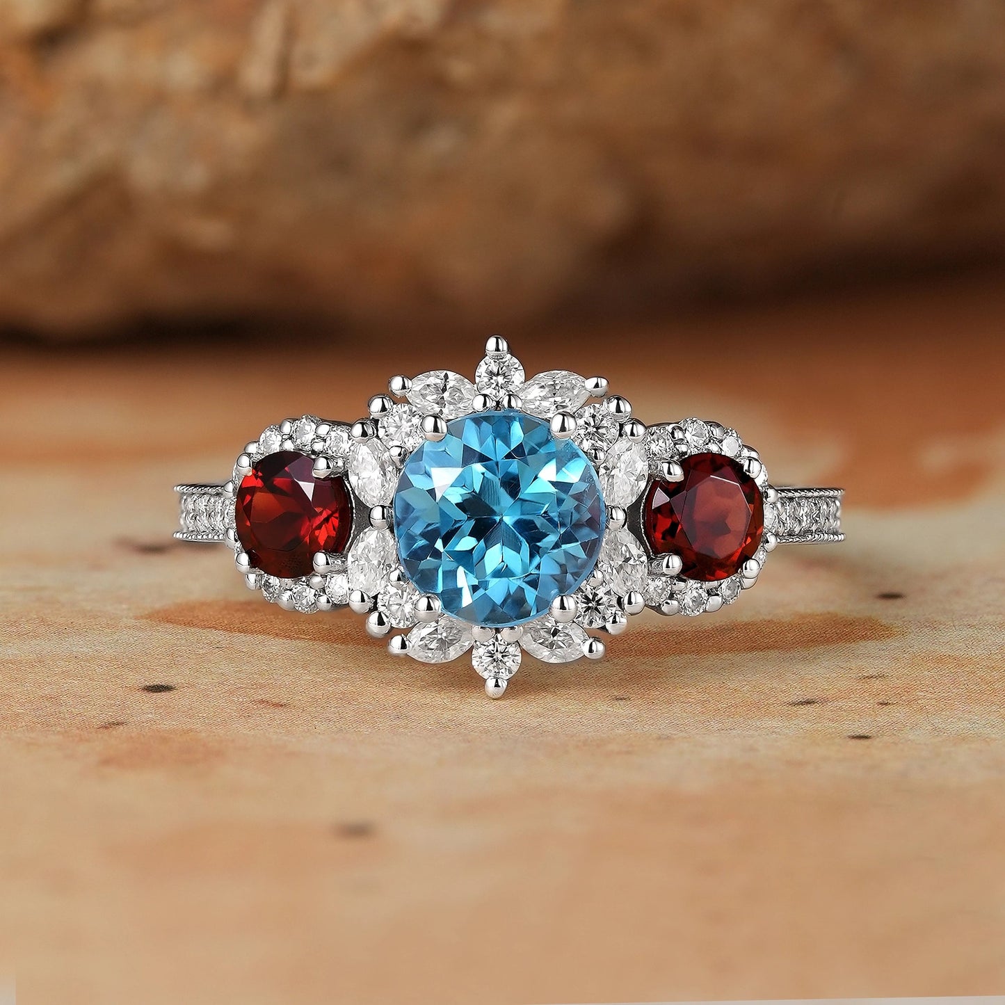 3 - Stones Blue Topaz White Gold Halo Engagement Ring - Coraline - GemsMagic