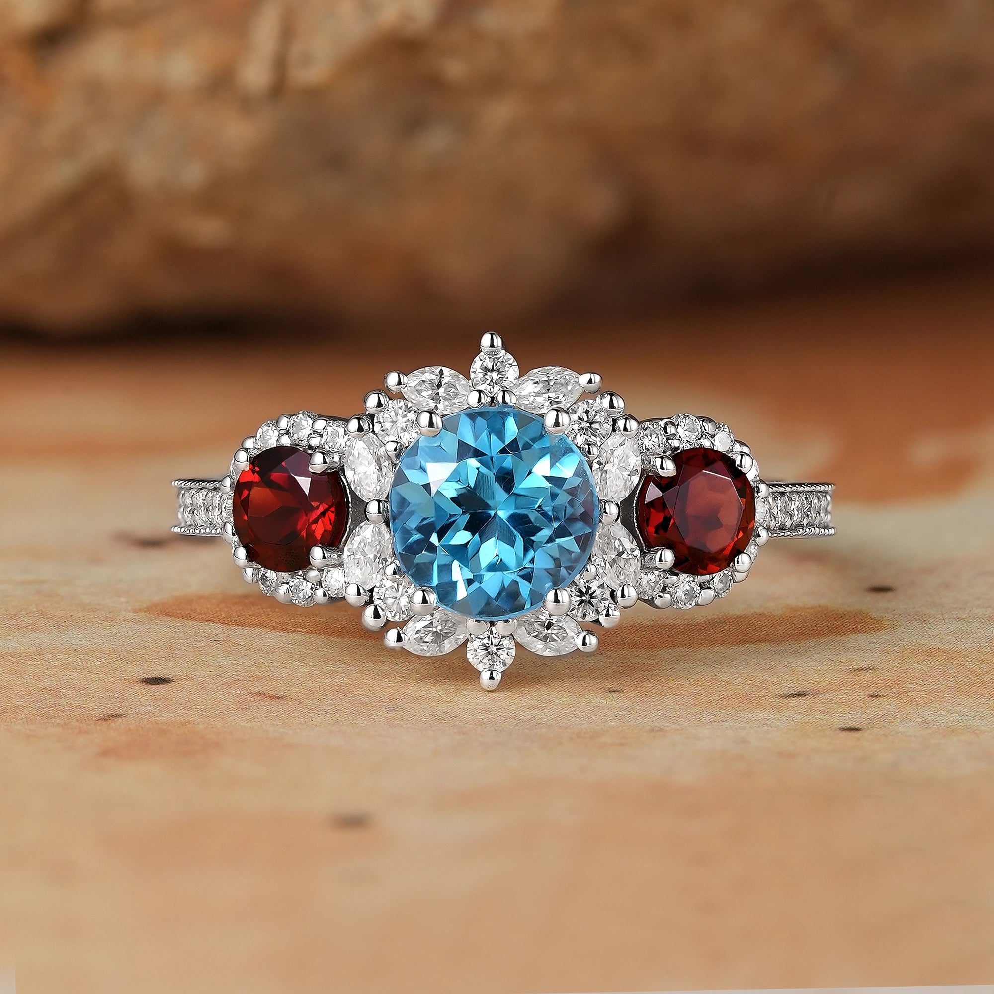 3 - Stones Blue Topaz White Gold Halo Engagement Ring - Coraline - GemsMagic