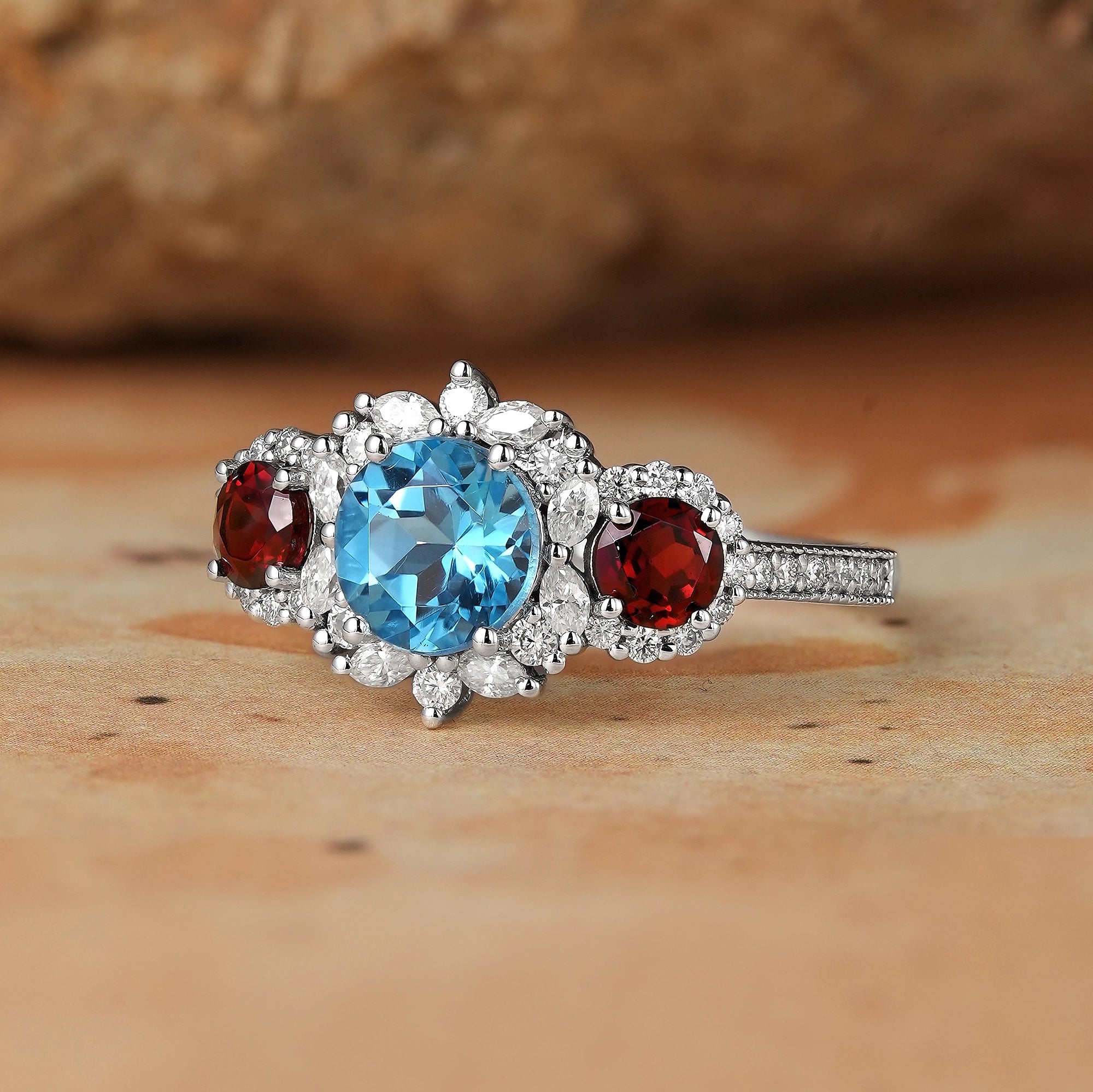 3 - Stones Blue Topaz White Gold Halo Engagement Ring - Coraline - GemsMagic