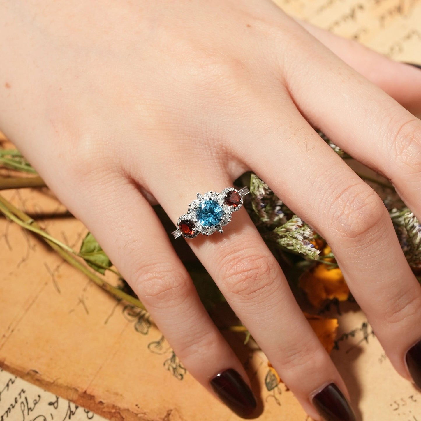 3 - Stones Blue Topaz White Gold Halo Engagement Ring - Coraline - GemsMagic