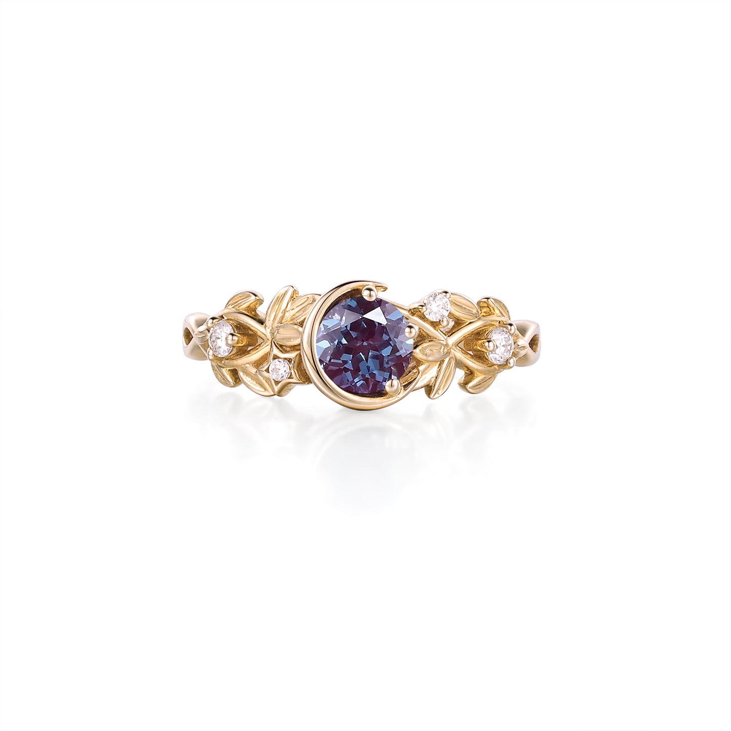 Gold ring with round alexandrite and floral design, accented by sparkling moissanite.