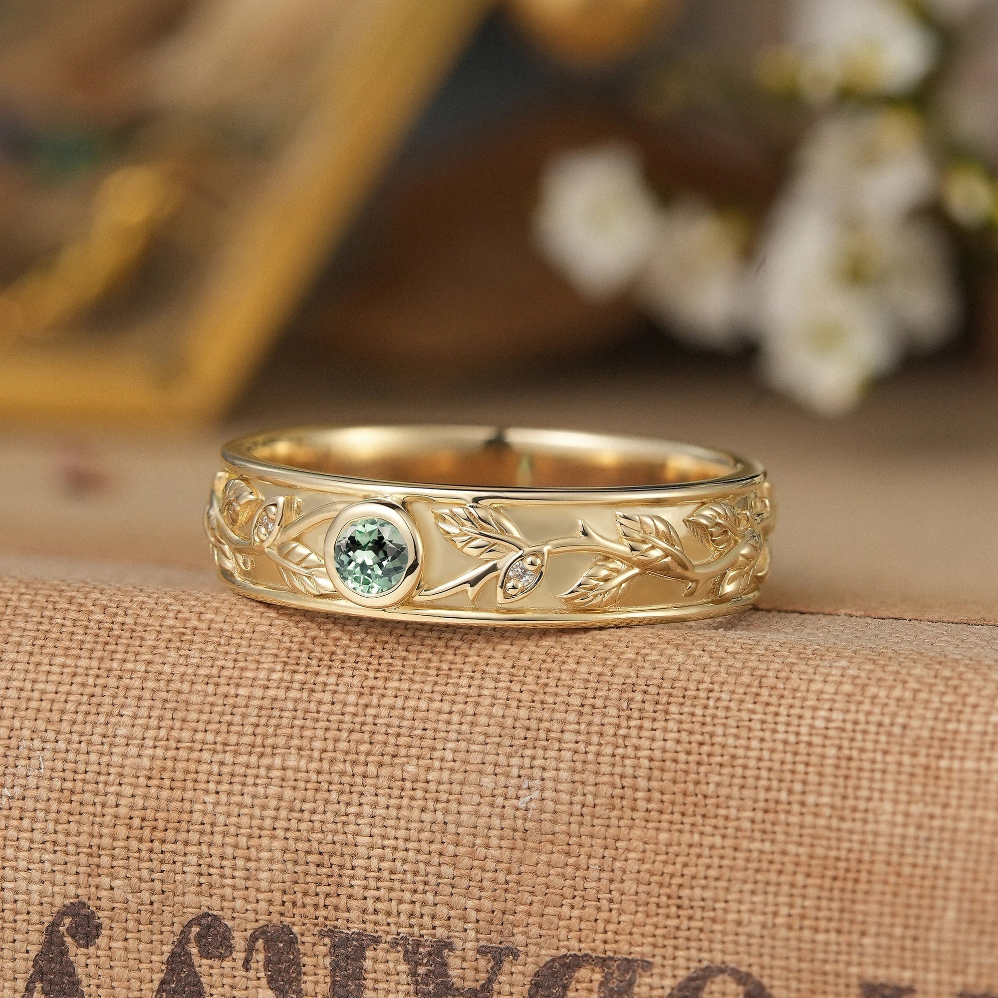 3mm Round Green Sapphire Leafy Men's Ring - Liam - GemsMagic