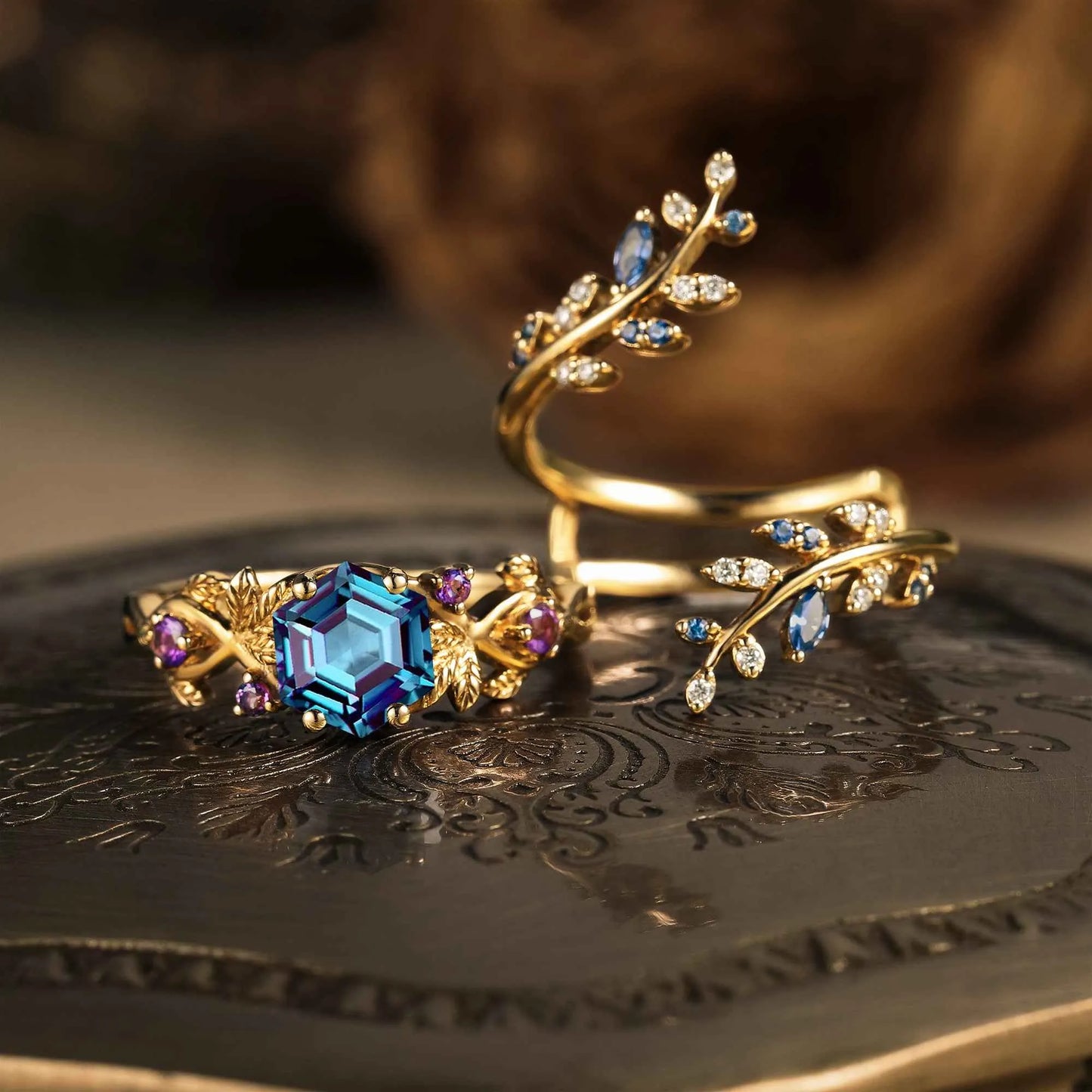 Catawbiense Inspired Alexandrite Ring Set