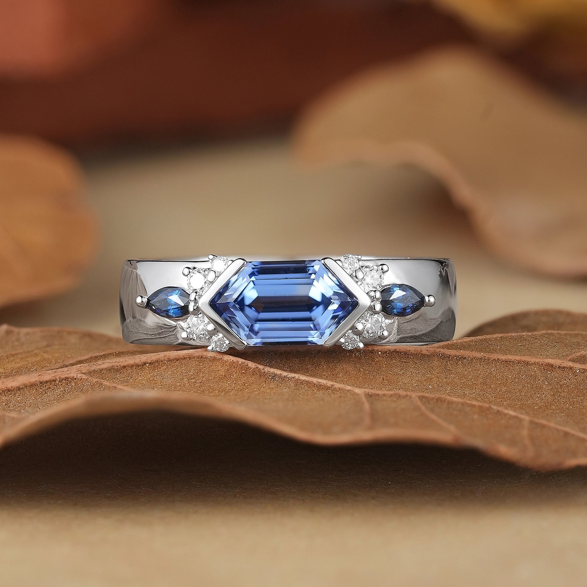 5x9mm Long Hexagon Cocktail Sapphire Cluster Men's Band - Noah - GemsMagic