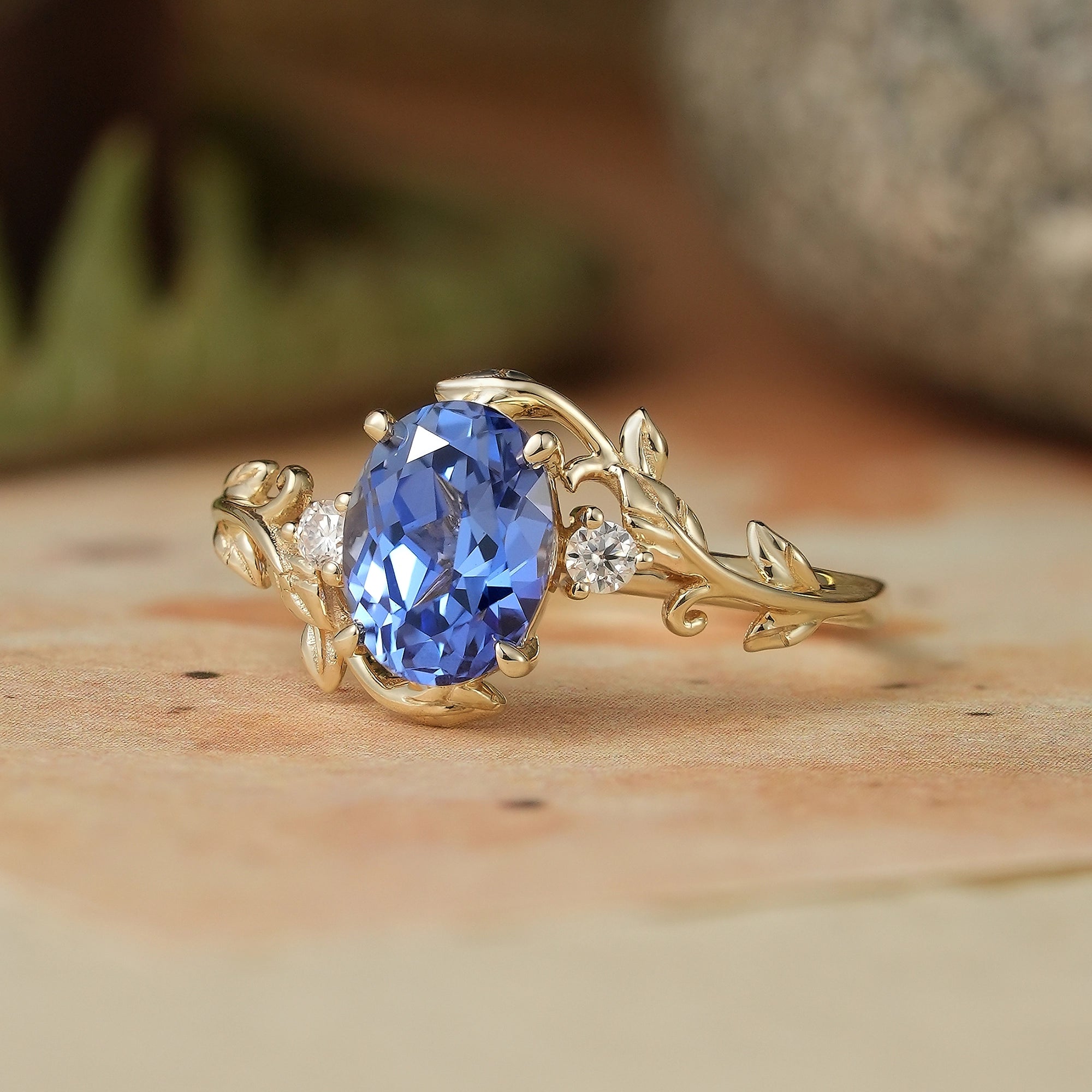 6x8mm Oval Cornflower Sapphire Leaf Shaped Ring - Leila - GemsMagic