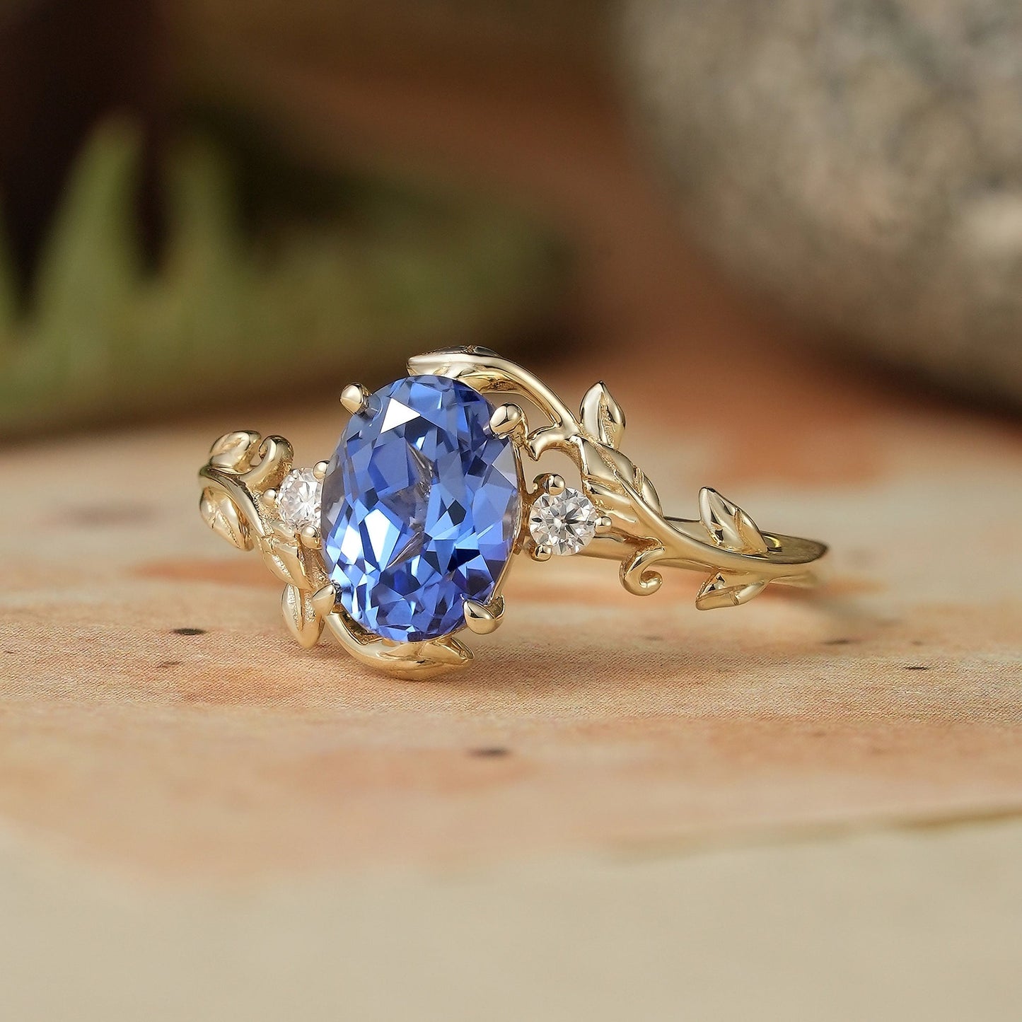 6x8mm Oval Cornflower Sapphire Leaf Shaped Ring - Leila - GemsMagic