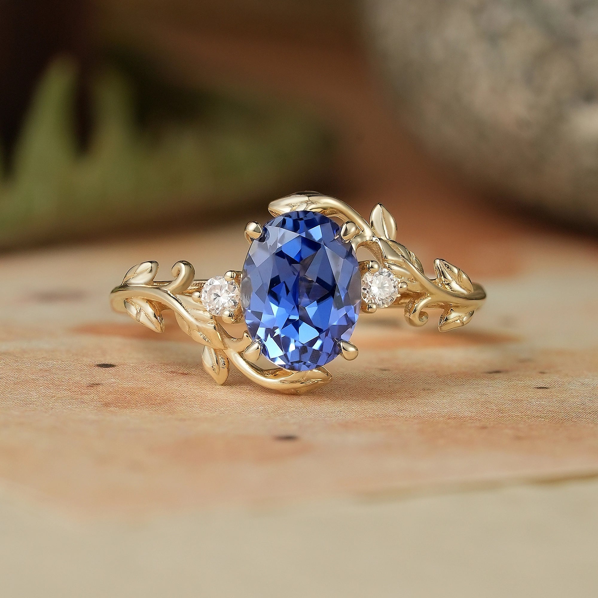 6x8mm Oval Cornflower Sapphire Leaf Shaped Ring - Leila - GemsMagic