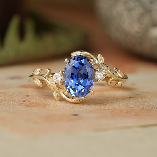6x8mm Oval Cornflower Sapphire Leaf Shaped Ring - Leila - GemsMagic