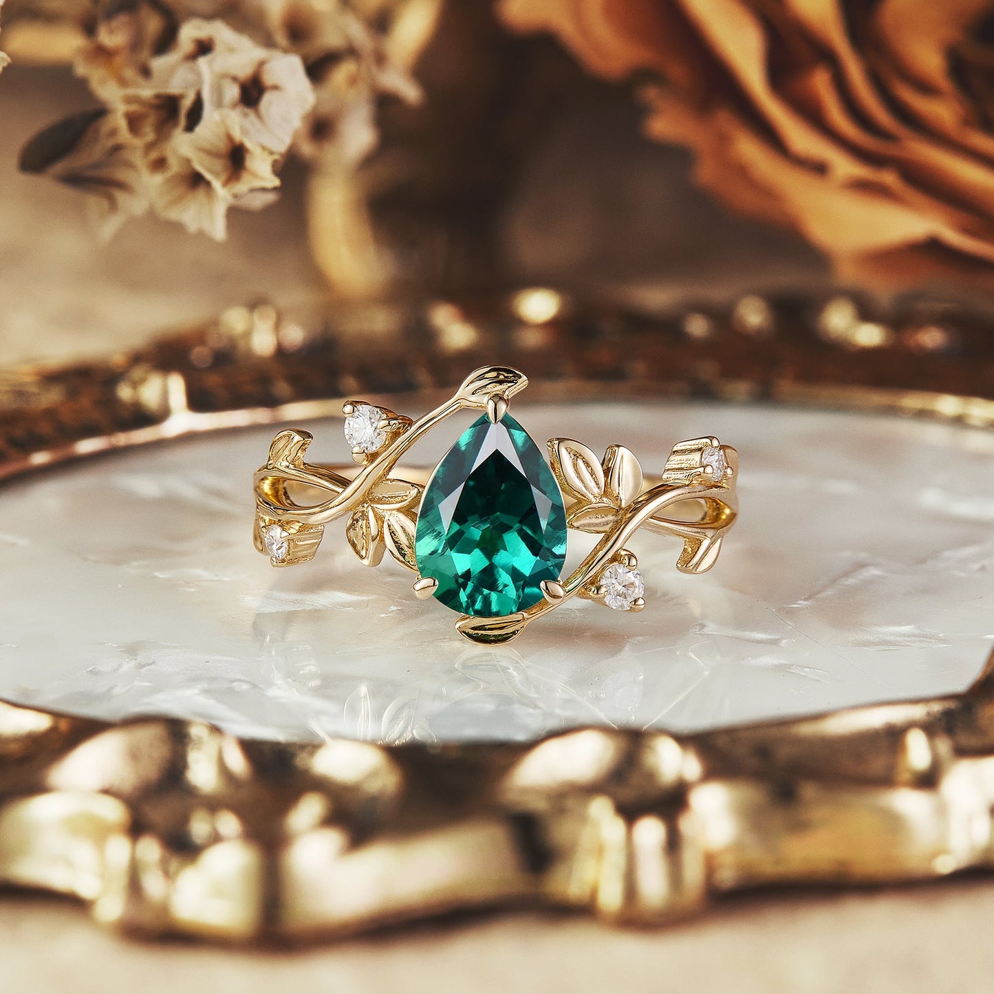 6x8mm Pear Cut Emerald Leaf Ring - Grace (925 Silver) - GemsMagic