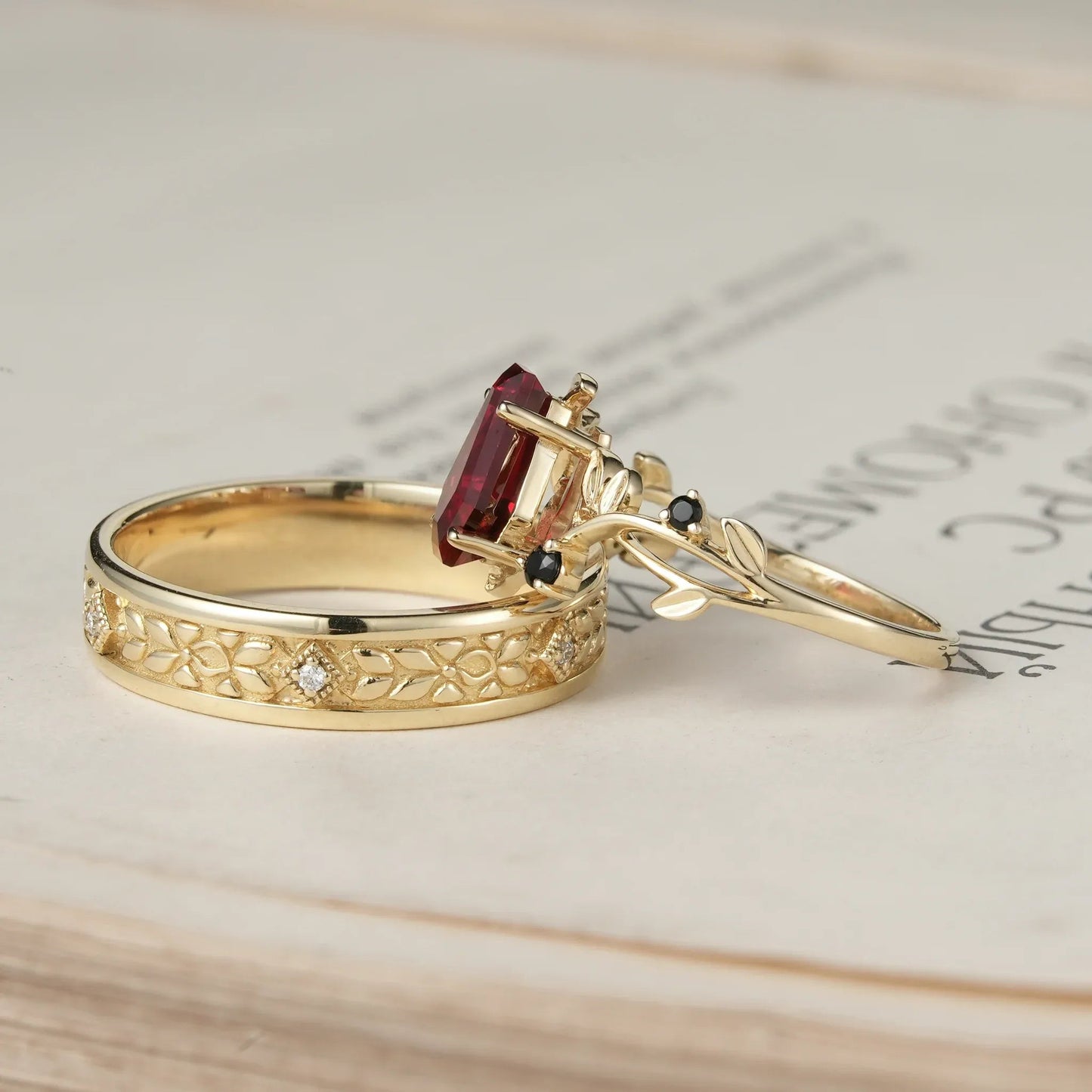 6x9 Coffin Cut Ruby Nature Inspired Couple Rings - Soulmates' Promise - GemsMagic