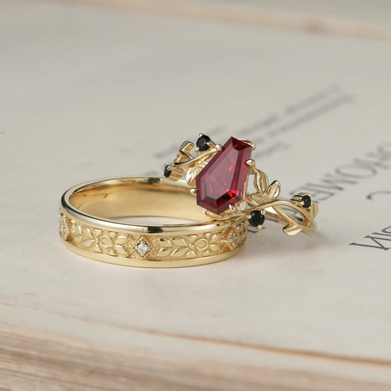 6x9 Coffin Cut Ruby Nature Inspired Couple Rings - Soulmates' Promise - GemsMagic