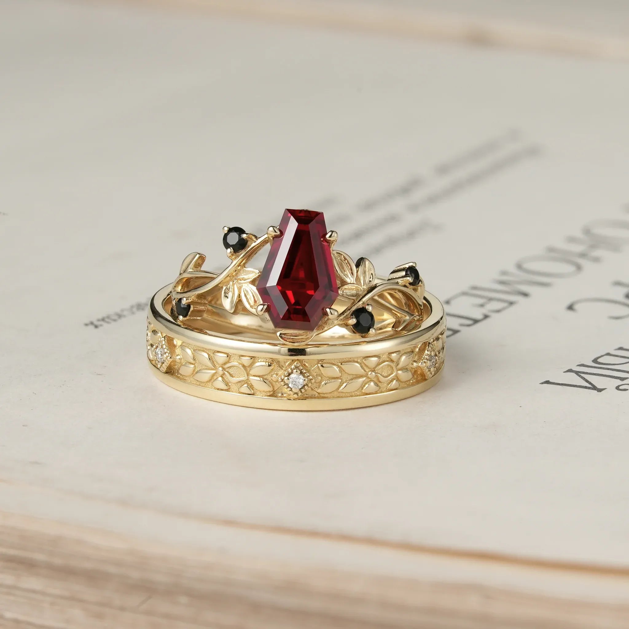 6x9 Coffin Cut Ruby Nature Inspired Couple Rings - Soulmates' Promise - GemsMagic