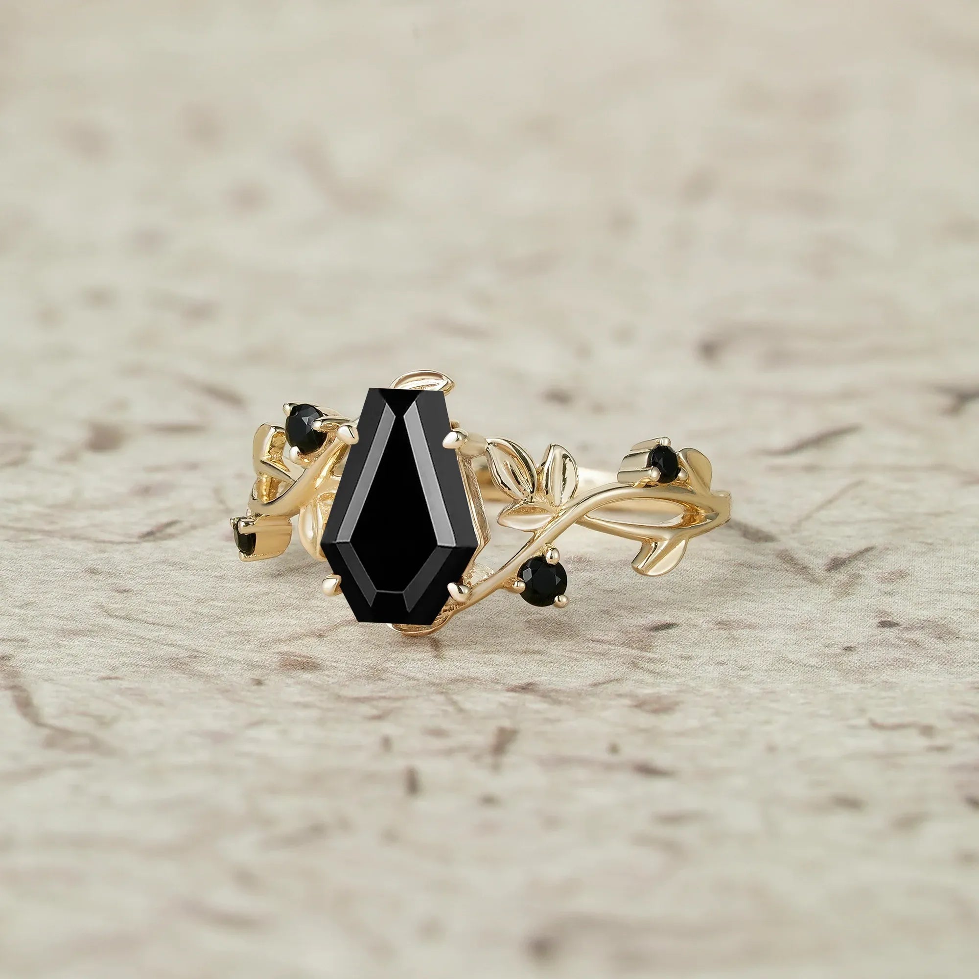 6x9mm Coffin Shaped Black Onyx Leaf Ring - Grace - GemsMagic